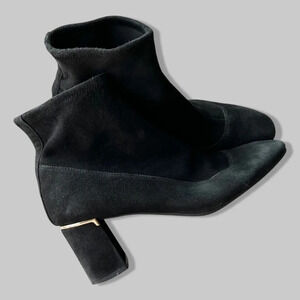 Cole Haan Laree Stretch Black Suede Sock Booties with Gold Bar